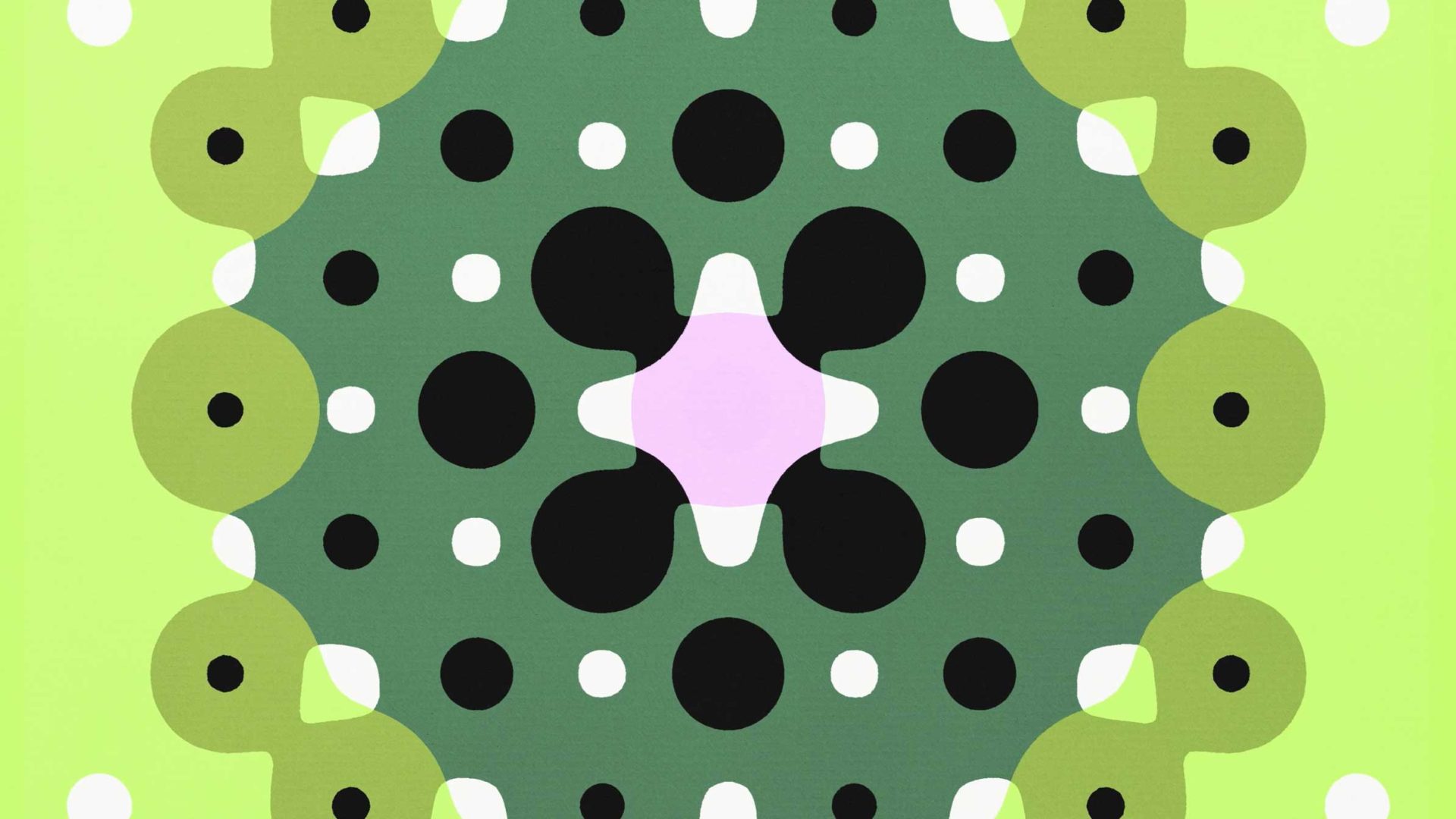 Abstract pattern with black, white, and green dots on a green background, featuring symmetrical shapes and a pink star-like center, surrounded by light green and yellow curved elements—evoking the playful spirit of Oddfellows within a design that feels at home in Figma’s creative universe. Frame from Stash Magazine article.