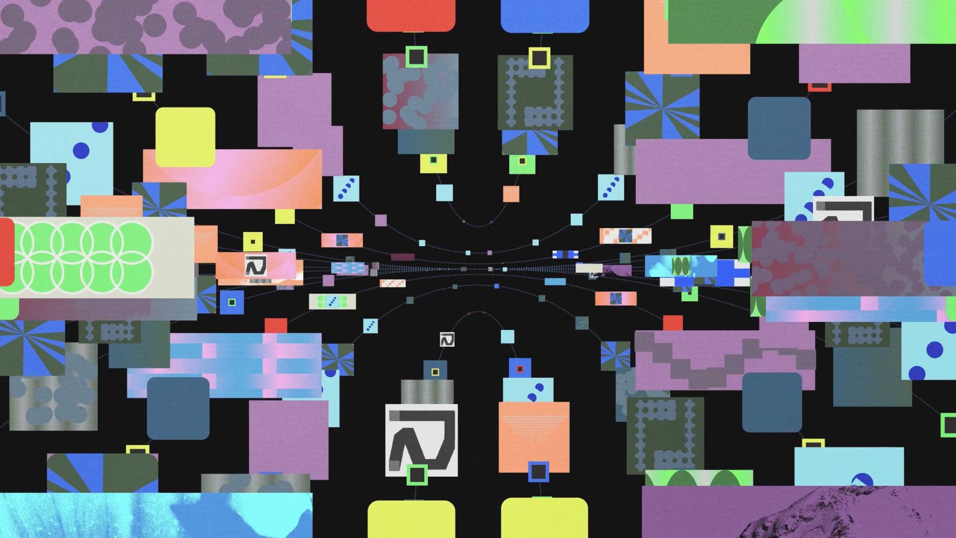 Abstract digital art showing colorful, overlapping rectangles and squares on a black background, arranged symmetrically with curved lines and patterns creating a sense of depth and movement—reminiscent of the bold visual storytelling seen in Oddfellows projects or the clean interface designs crafted with Figma. Frame from Stash Magazine article.
