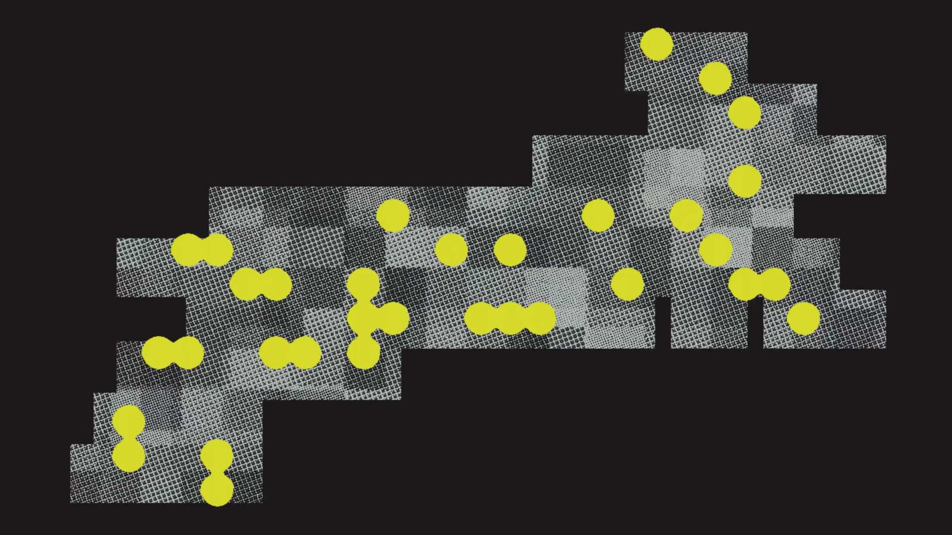 A grid of overlapping translucent rectangles with a mesh texture, reminiscent of Figma’s interface, is overlaid by 23 bright yellow dots arranged in a loose, irregular pattern on a black background. Frame from Stash Magazine article.