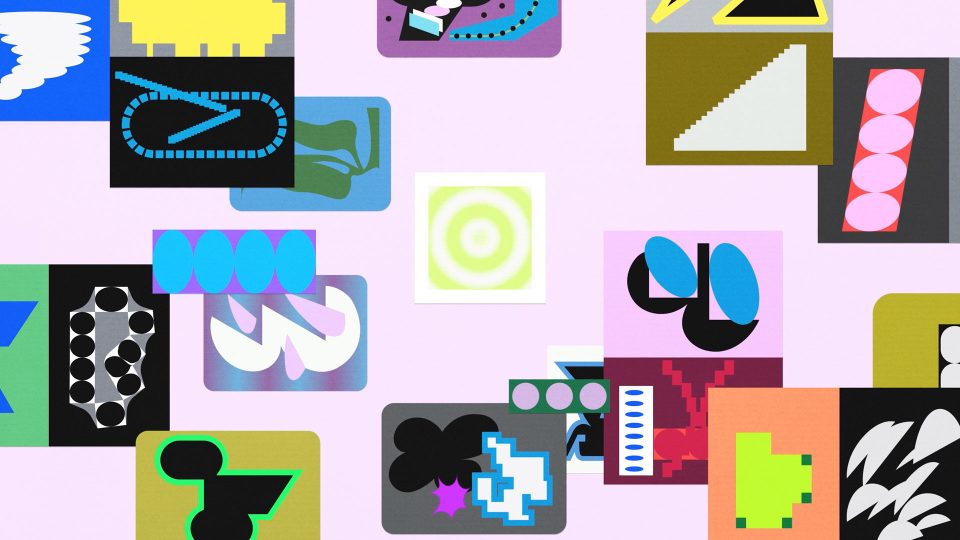 A collage of colorful abstract shapes and patterns on rectangles arranged on a light pink background, with a glowing green circle centered—an imaginative composition reminiscent of Oddfellows’ playful motion work or the creative possibilities found in Figma. Frame from Stash Magazine article.