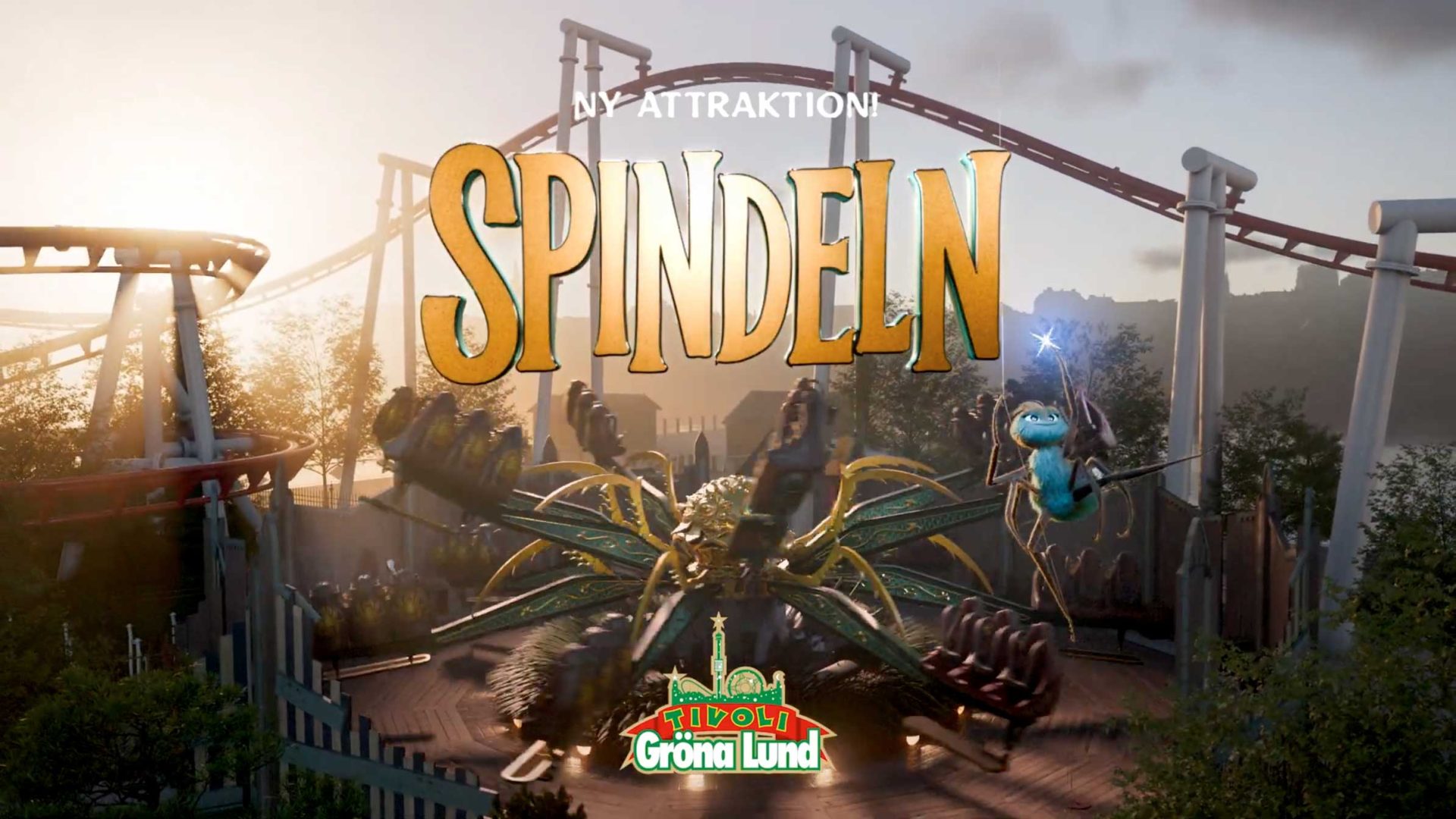 A roller coaster surrounds a giant Spider Fantasy ride with swinging seats. The sun sets in the background. Large text reads “SPINDELN.” The Gröna Lund amusement park logo is at the bottom. The scene has a filmic animation feel. Frame from Stash Magazine article.