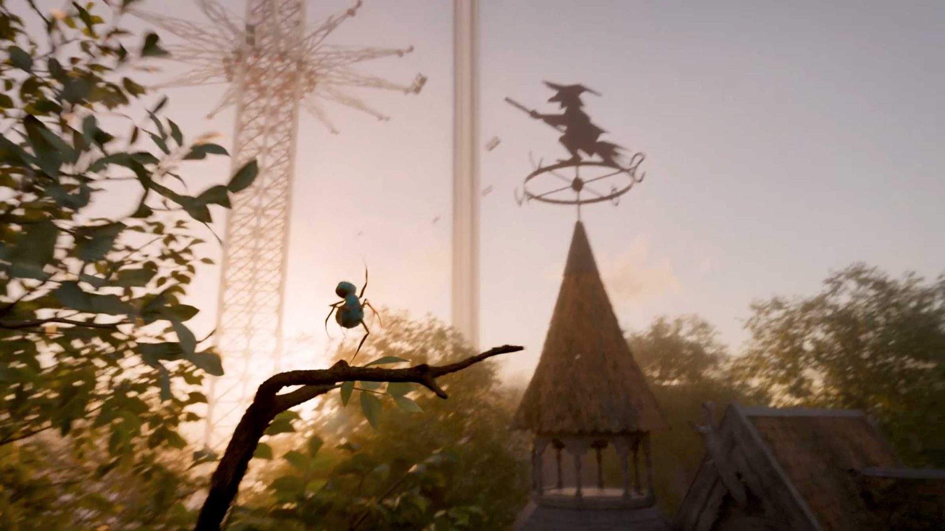 A small green insect stands on a twig, silhouetted against a bright sky. In the background, a pointed roof with a witch-shaped weather vane evokes spider fantasy, while a tall amusement park ride rises amid trees in filmic animation style. Frame from Stash Magazine article.