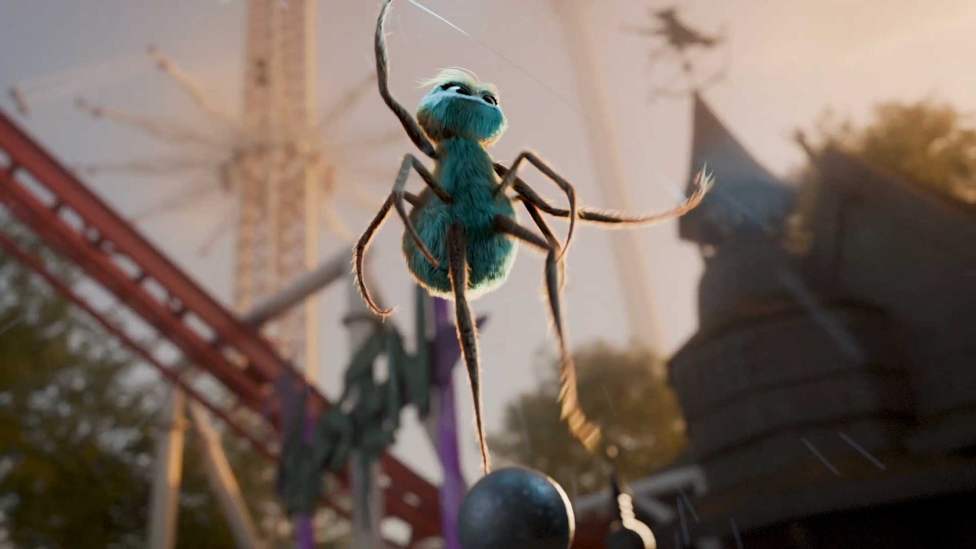 A fluffy blue spider with long legs dangles from a silk thread at an amusement park, surrounded by blurred rides and structures, capturing a whimsical Spider Fantasy in a vivid filmic animation style. Frame from Stash Magazine article.
