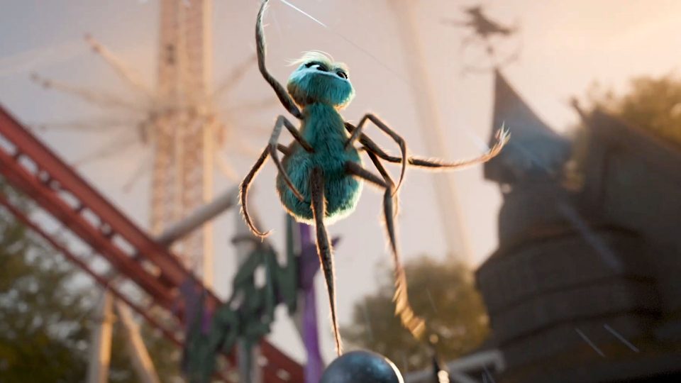 A fluffy, teal animated spider swings through an amusement park on a silk thread in this energetic filmic animation—perfect for a cinema spot for Gröna Lund Spindeln, with blurred rides and buildings in the vibrant background. Frame from Stash Magazine article.