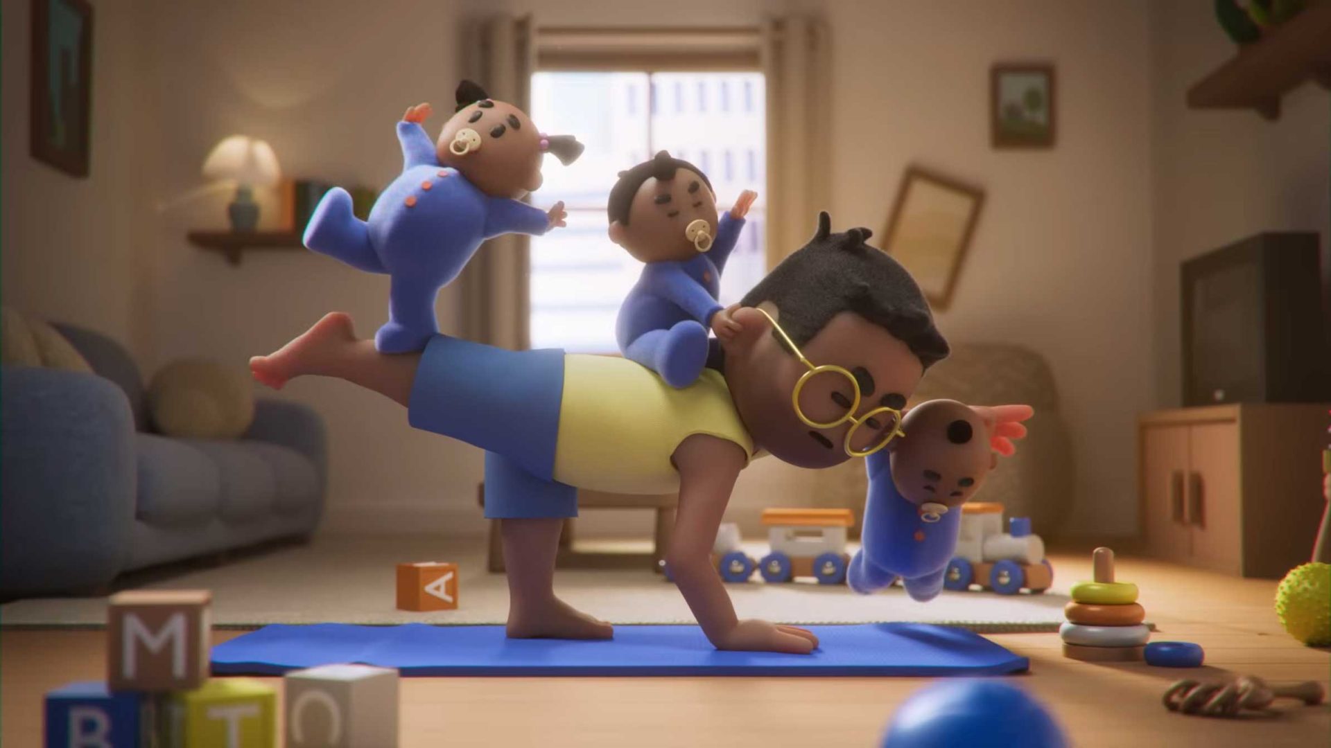 A person wearing glasses does a mathematic yoga pose on a mat in a living room while balancing three babies in blue onesies on their back and leg. Toys, blocks, and a train are scattered around the room à la Kirsten Lepore's playful style. Frame from Stash Magazine article.