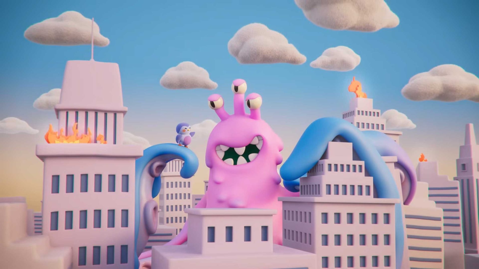 A pink, cartoonish monster with three eyes and blue tentacles towers over pastel city buildings, some on fire—like a scene from a Kirsten Lepore animation. Fluffy clouds drift above, and a tiny Finch stands bravely on the monster’s head. Frame from Stash Magazine article.