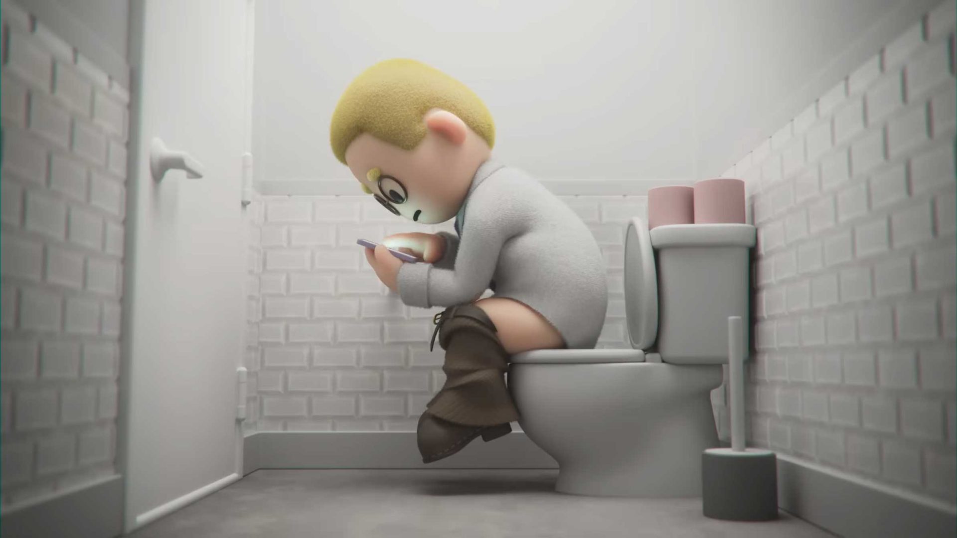 A cartoon character with glasses sits on a toilet, looking at a phone, echoing the quirky style of Kirsten Lepore. With white tiled walls, a toilet brush, and two pink toilet paper rolls on the tank, it feels almost mathematic in its composition. Frame from Stash Magazine article.