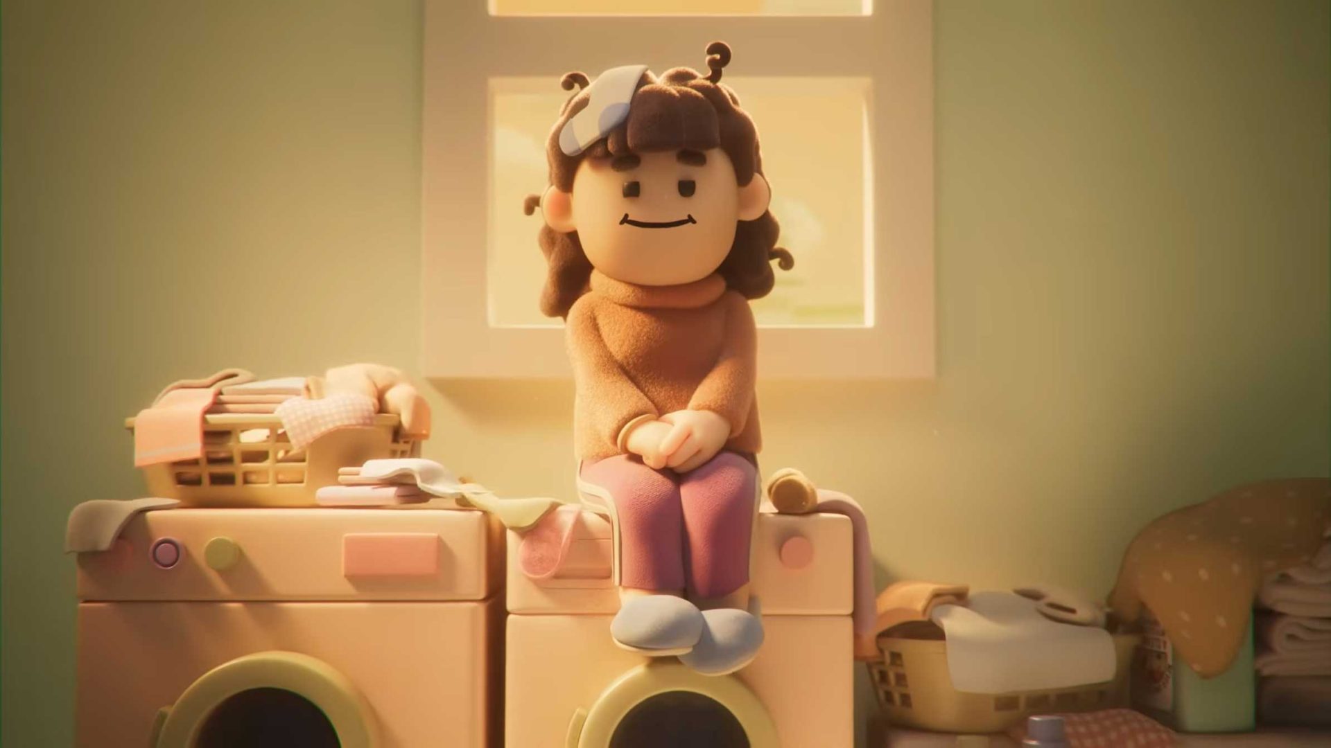 A claymation-style character with brown hair and a headband sits on a washing machine in a cozy laundry room, surrounded by laundry baskets and folded clothes, as soft sunlight shines in—a whimsical scene reminiscent of Kirsten Lepore’s charming touch. Frame from Stash Magazine article.