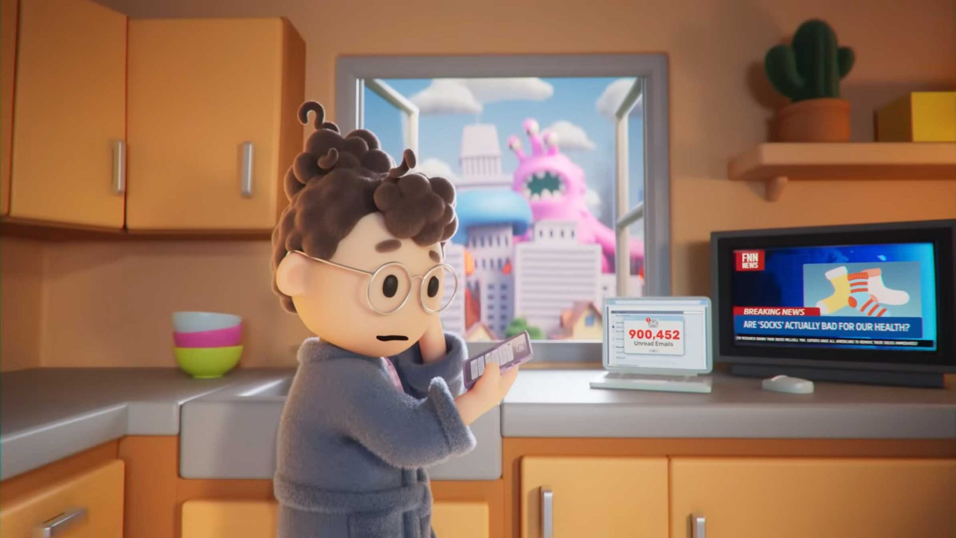 A claymation-style character in a bathrobe stands in a kitchen, looking worried while talking on the phone. Outside the window, a giant pink monster appears in a colorful city—echoing Kirsten Lepore’s whimsical touch. TV and laptop display news alerts. Frame from Stash Magazine article.