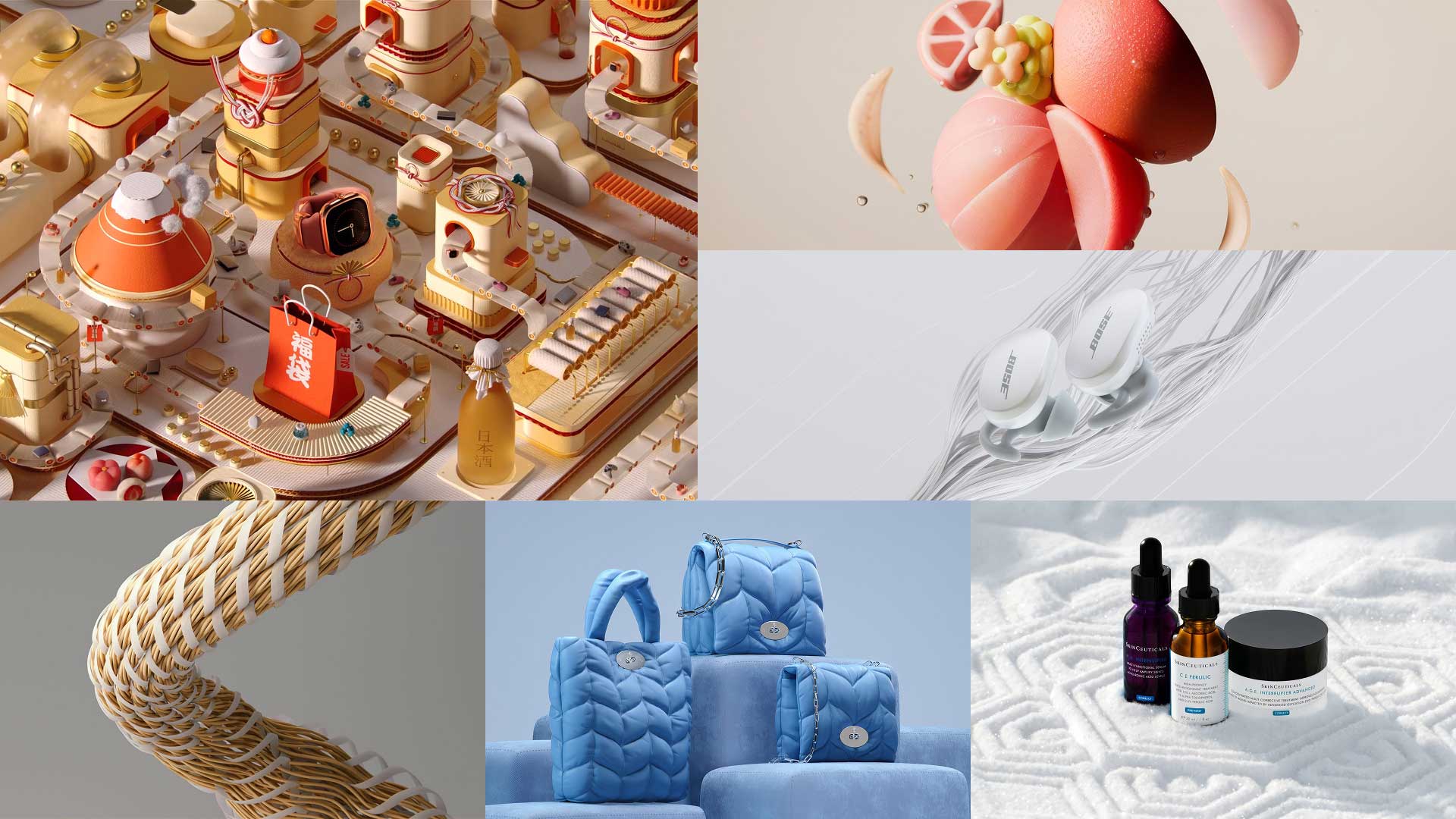 A collage of six images: futuristic city, pink desserts, three capsules, woven structure, blue quilted bags, and skincare products on a white textured surface—showcasing how Forever Expands With Addition of Tokyo Studio Onesal. Frame from Stash Magazine article.