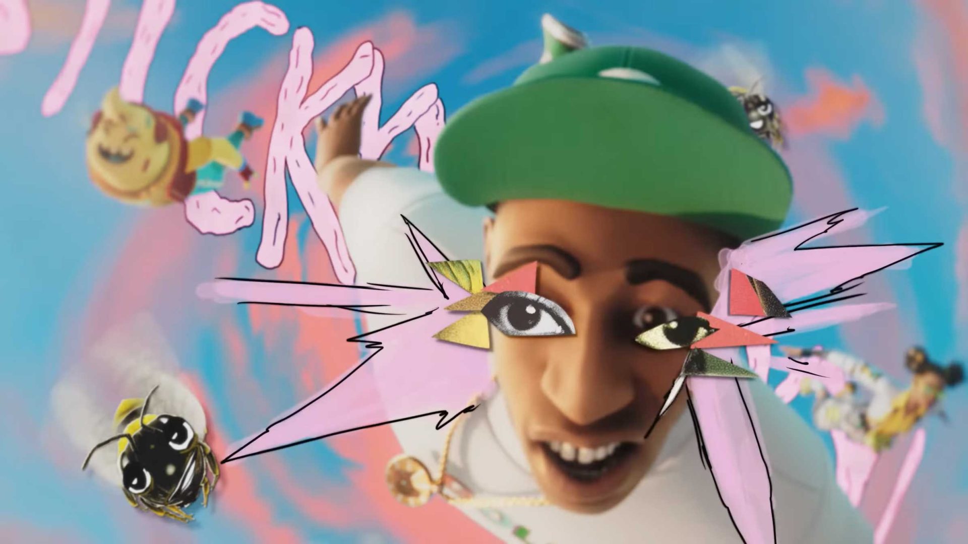 A cartoon-style character in a green cap smiles, surrounded by colorful, surreal elements like doodled eyes, pink lightning shapes, and animated bees—channeling Tyler the Creator vibes—against a blue sky with blurred pink graffiti-like text. Frame from Stash Magazine article.