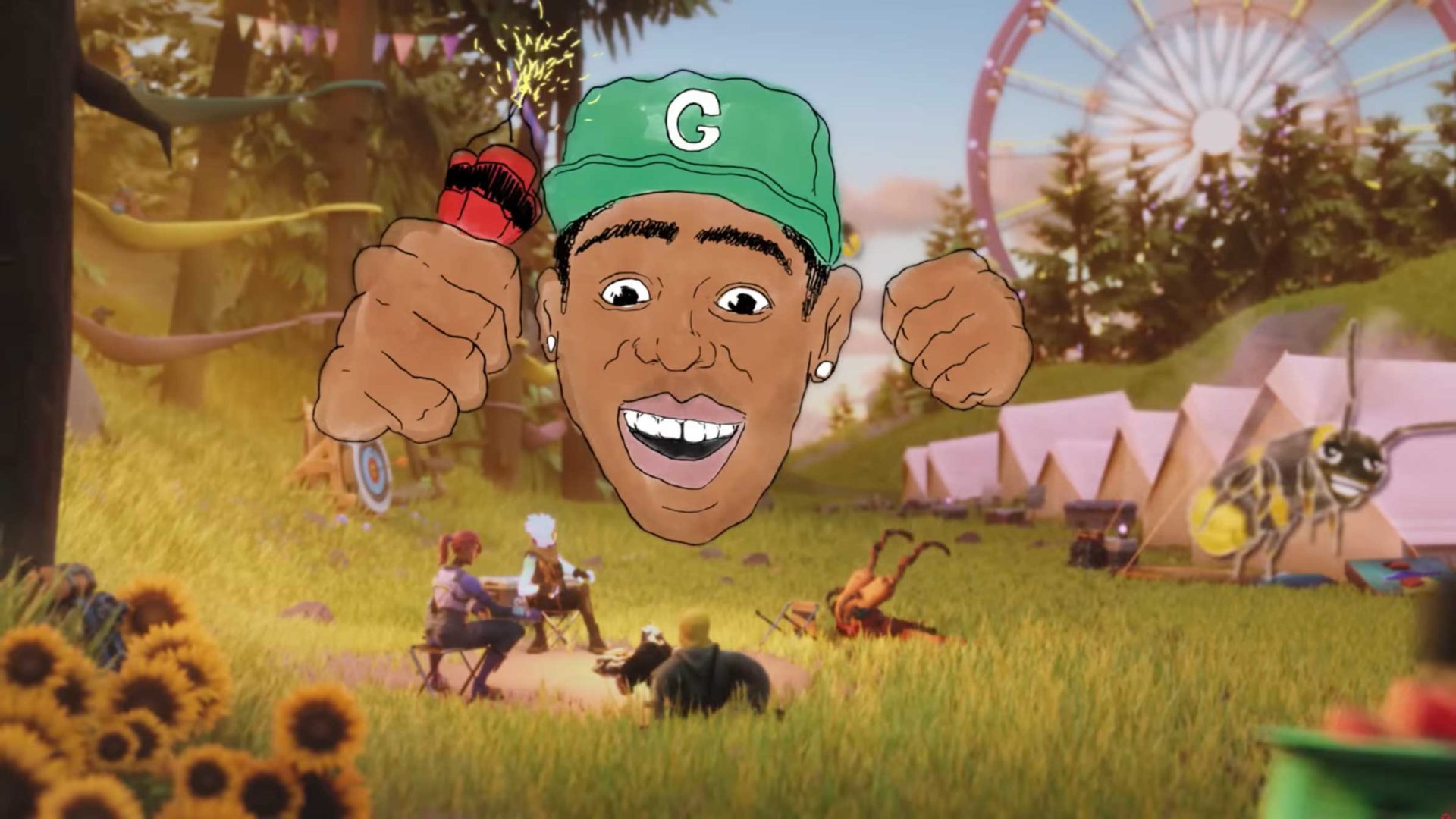 A cartoonish, smiling face wearing a green cap floats above a lively Fortnite campsite with tents, people, a ferris wheel, sunflowers, and oversized insects in a vibrant, animated outdoor scene. Frame from Stash Magazine article.