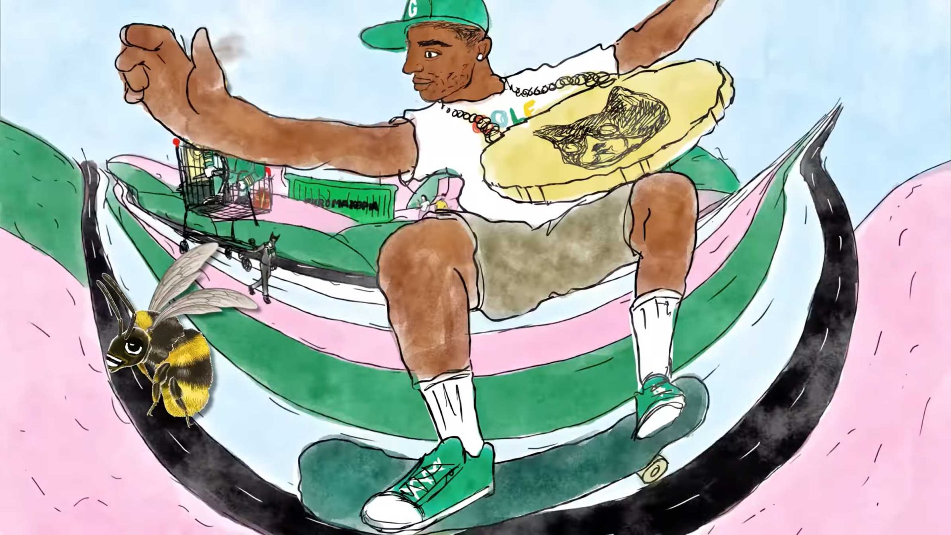 A cartoon-style illustration of a man skateboarding on a winding track, wearing green sneakers, a cap, and holding a large gold pendant—channeling Tyler the Creator vibes. The colorful background features a bee and small whimsical buildings. Frame from Stash Magazine article.