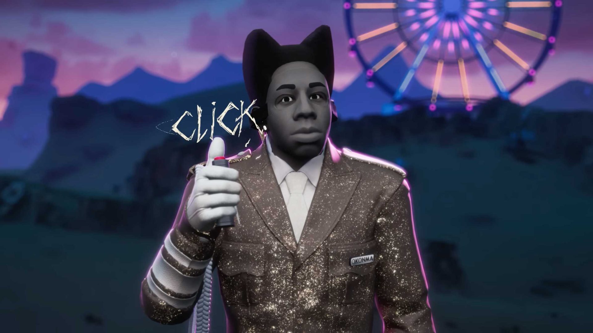 A stylized animated figure in a glittery suit gives a thumbs-up, with the word CLICK near their hand. A glowing Ferris wheel in the purple evening background nods to Fortnite Official Tyler the Creator Launch Trailer by Psyop. Frame from Stash Magazine article.