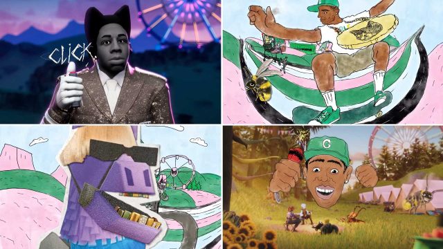 Four animated scenes with vibrant colors: a man in a suit gives a thumbs up; a man in a cap plays drums on watermelon slices; a Tyler the Creator-inspired character with shades and gold teeth; a smiling man with oversized hands in a sunny field with tents. Frame from Stash Magazine article.