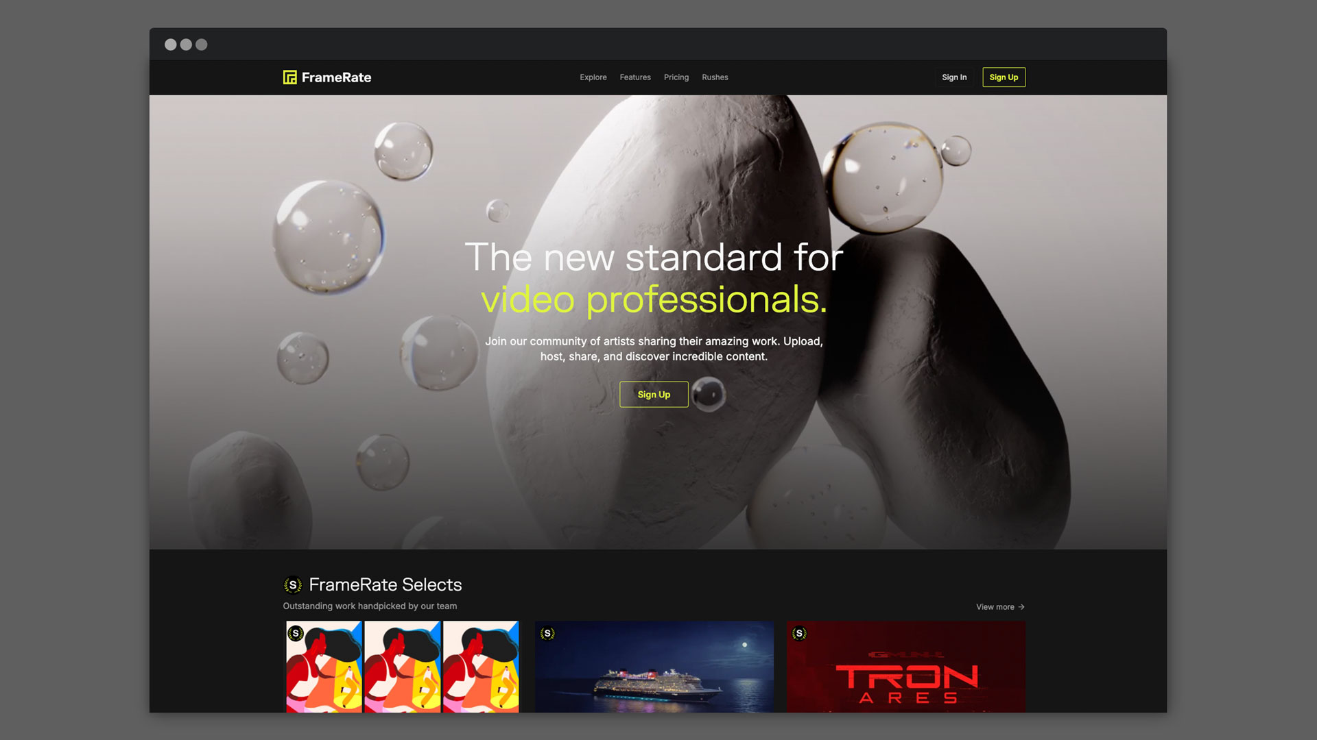 A website homepage for FrameRate launches, offering a video hosting alternative to Vimeo and YouTube. Features a gray header, 3D shapes, bubbles, "The new standard for video professionals," Sign Up/Sign In buttons, and a row of video thumbnails. Frame from Stash Magazine article.