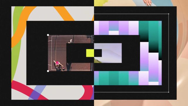 Abstract digital collage with geometric shapes, colorful patterns, and a small inset referencing FrameRate Manifesto film by The Furrow. The image is split into two halves, featuring contrasting designs and vibrant rectangles. Frame from Stash Magazine article.