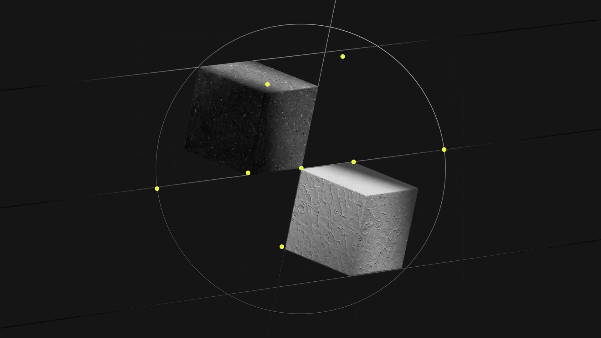 Two textured cubes, one dark and one light, intersect within a large circle on a black background. Yellow dots, reminiscent of Manifesto Film’s signature detail, mark points around the circle and along intersecting grid lines. Frame from Stash Magazine article.