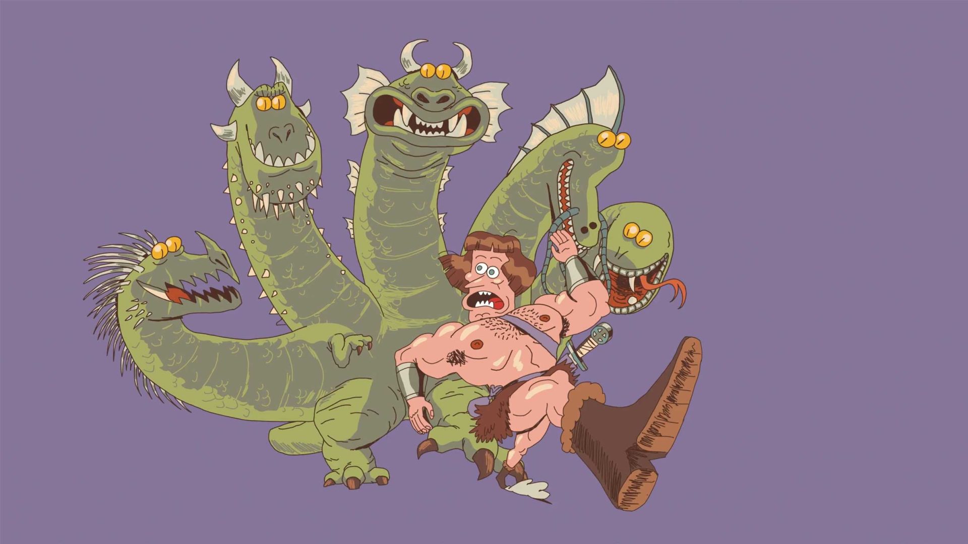 A cartoon of a muscular, scared man fighting a green, four-headed dragon. One head bites his arm as he wields a sword. Inspired by "Beat Cancer Off" animated spot by Dirty Work & Jamute. Purple background adds dramatic flair. Frame from Stash Magazine article.