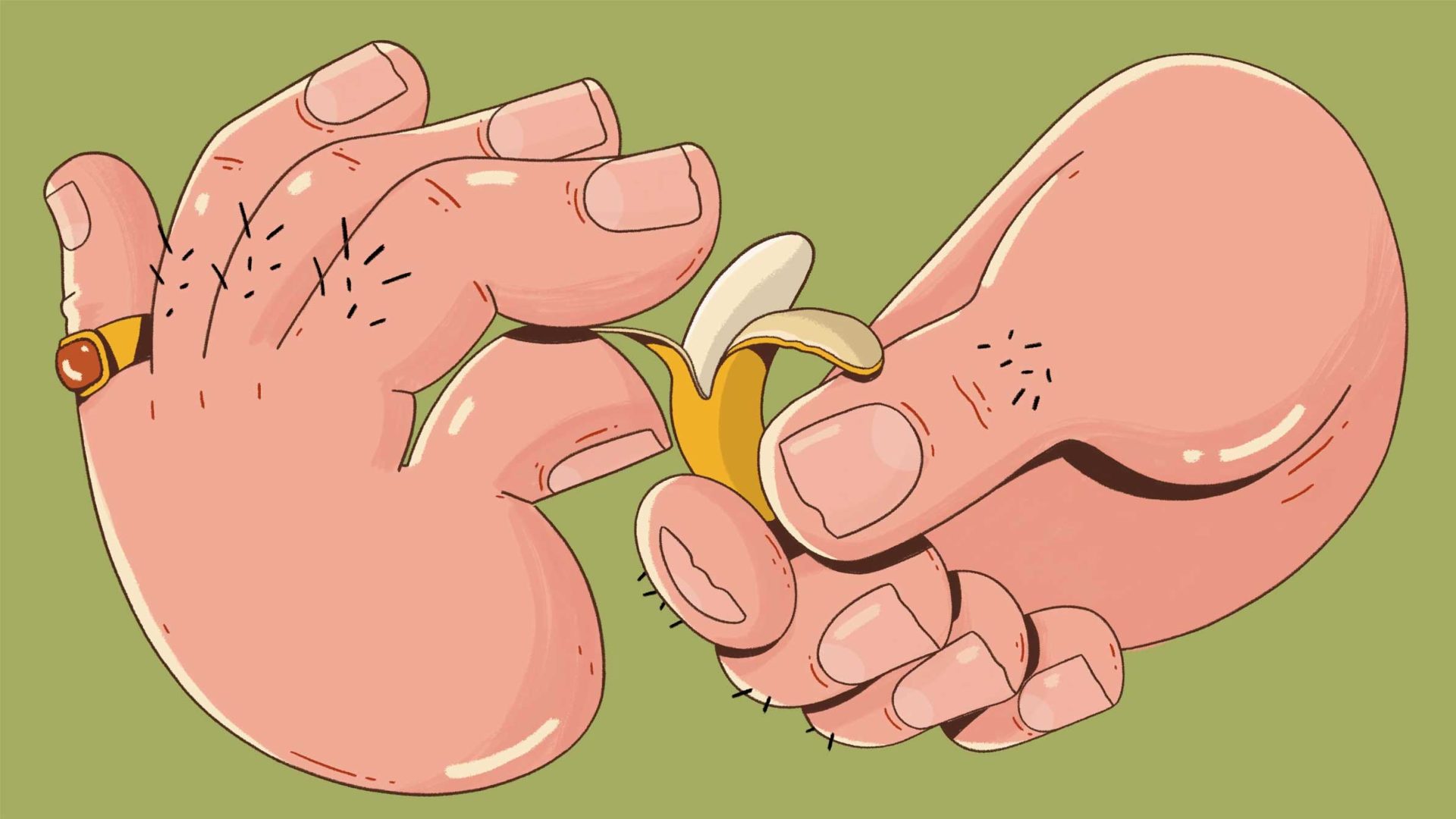 Two large cartoon hands with pink skin peel a small banana against a green background. One hand, sporting a gold ring, shows black stubble marks—a funky Jamute twist on the Dirty Work of snack time. Frame from Stash Magazine article.