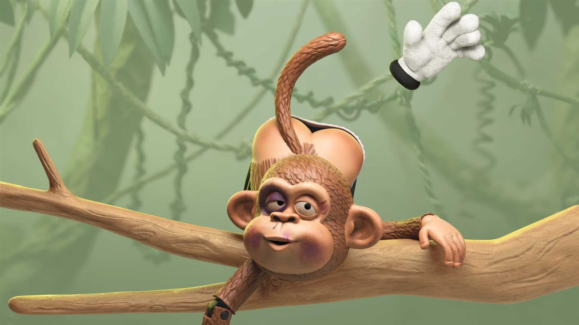 A cartoon monkey with a black eye lies dazed on a tree branch, its tail curled upward. In the background, a gloved cartoon hand—perhaps up to some Dirty Work—waves amid the blurry jungle foliage. Frame from Stash Magazine article.