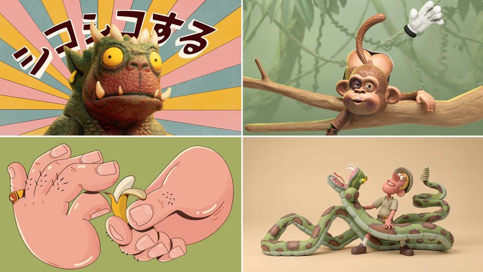 A collage of four quirky cartoon images: a wide-eyed monster with Japanese text, a monkey with a giant glove tail on a branch, hands peeling a banana titled "Dirty Work," and a person tangled by a snake. Frame from Stash Magazine article.