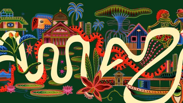 Colorful illustration with tropical plants, flowers, and trees, traditional buildings, and stylized human figures—all interwoven with a winding red-and-yellow snake-like design—echoes how FutureBrand São Paulo unites the Brazilian Amazon with its new branding campaign. Frame from Stash Magazine article.