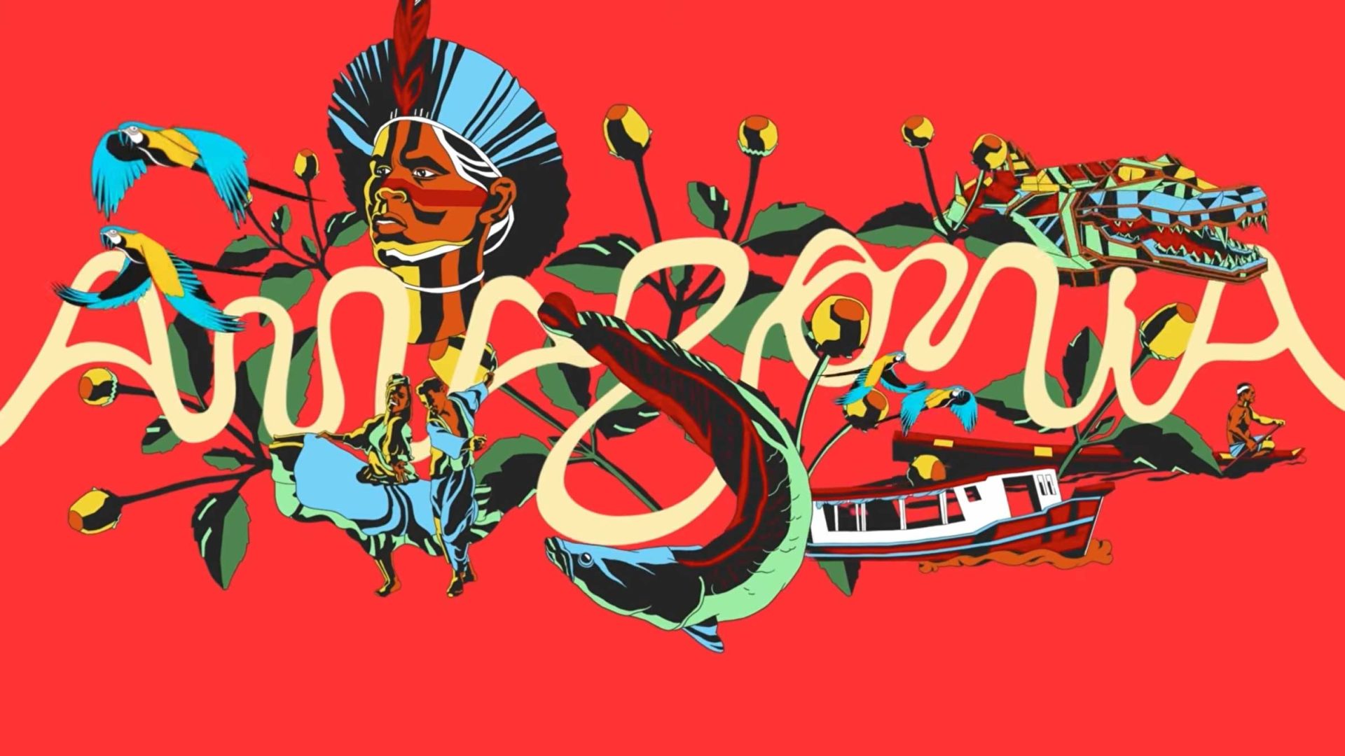 Colorful illustration on a red background showing Amazonian wildlife, plants, a riverboat, and an Indigenous person in headdress with “Amazônia” in flowing letters—part of a FutureBrand São Paulo branding campaign celebrating the Brazilian Amazon. Frame from Stash Magazine article.