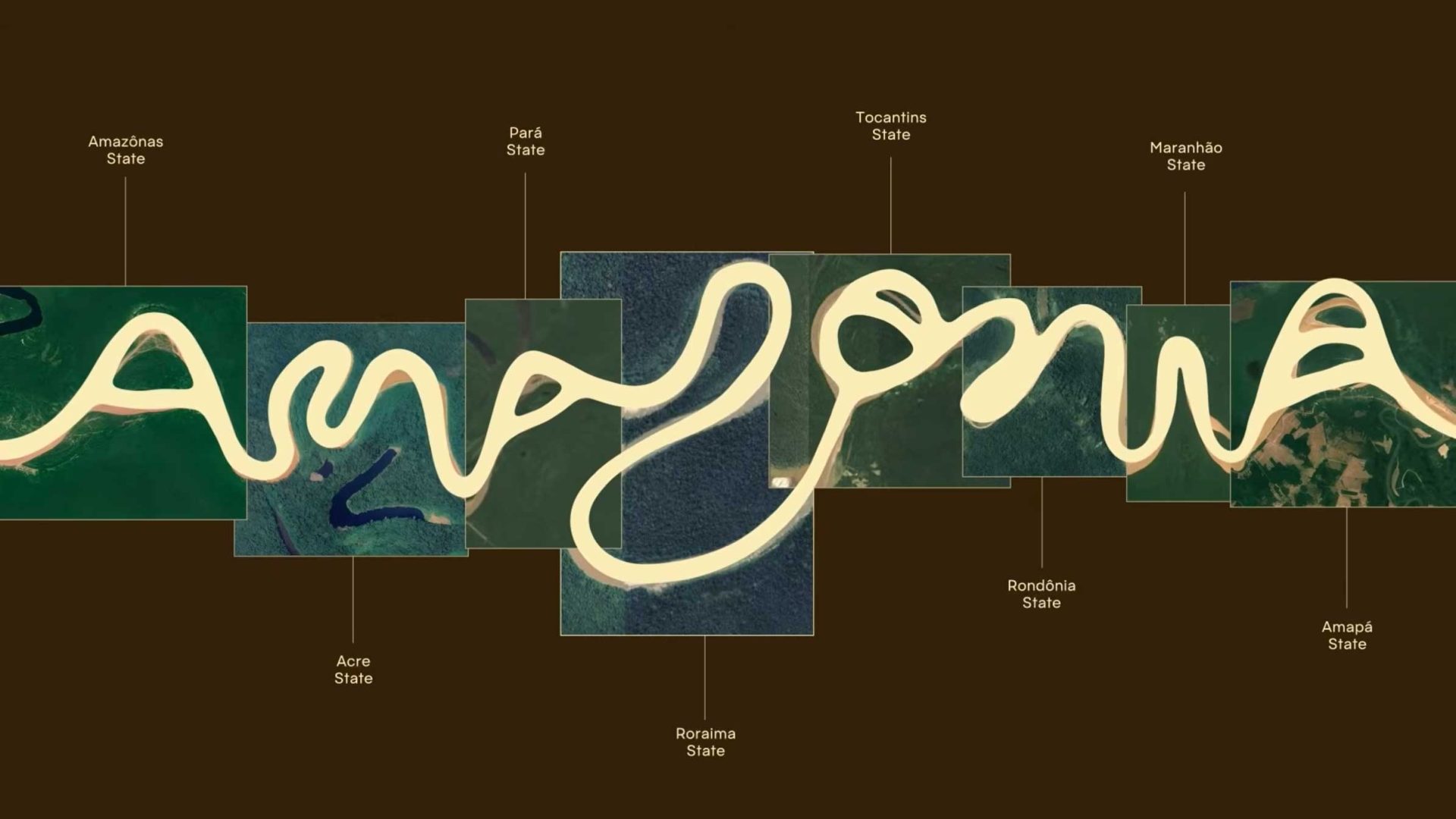 Aerial view of the Amazon River, its winding path artistically spelling "Amazon" on satellite map segments—a creative nod to branding campaigns by FutureBrand São Paulo, with labels for Brazilian states like Amazonas, Acre, and Pará surrounding the river. Frame from Stash Magazine article.