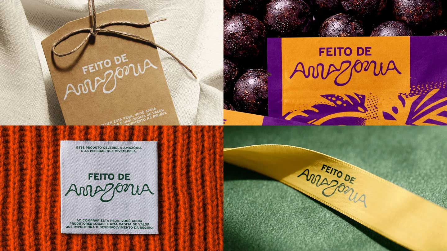A collage of four product tags and labels displays "FEITO DE AMAZÔNIA" in various styles, reflecting how FutureBrand São Paulo unites the Brazilian Amazon with a new branding campaign on kraft paper, purple packaging, orange fabric, and yellow ribbon. Frame from Stash Magazine article.