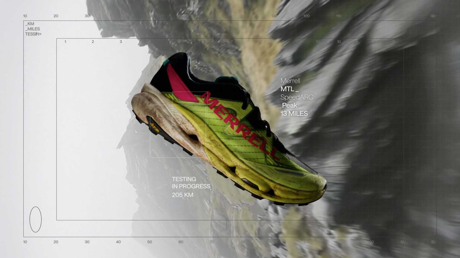 A yellow and black Merrell MTL SpeedARC Peak shoe floats over a blurred mountain background, with text displaying details like 13 miles, 206 km tested, and testing in progress—an innovative visual created in collaboration with FutureDeluxe. Frame from Stash Magazine article.