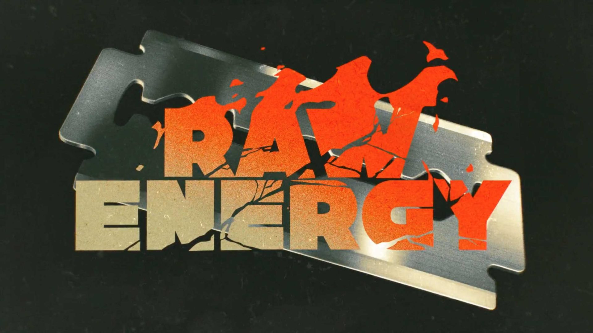 A razor blade lies on a dark surface with bold, cracked orange text reading RAW ENERGY overlaid across the blade—an image that pulses with the relentless intensity of Death Metal. Frame from Stash Magazine article.