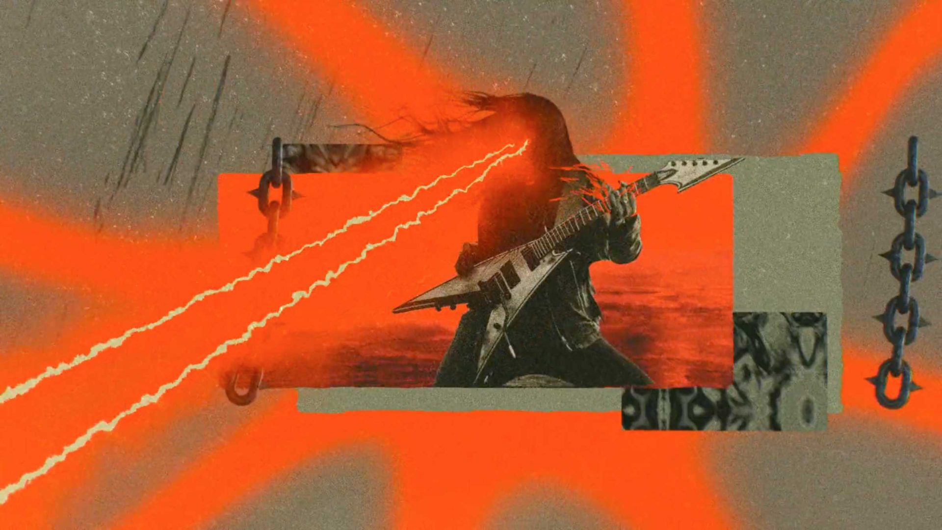 A person with long hair plays an electric guitar in true death metal spirit, with red lightning beams shooting from their eyes, set against an abstract background of red streaks, chains, and textured gray elements. Frame from Stash Magazine article.