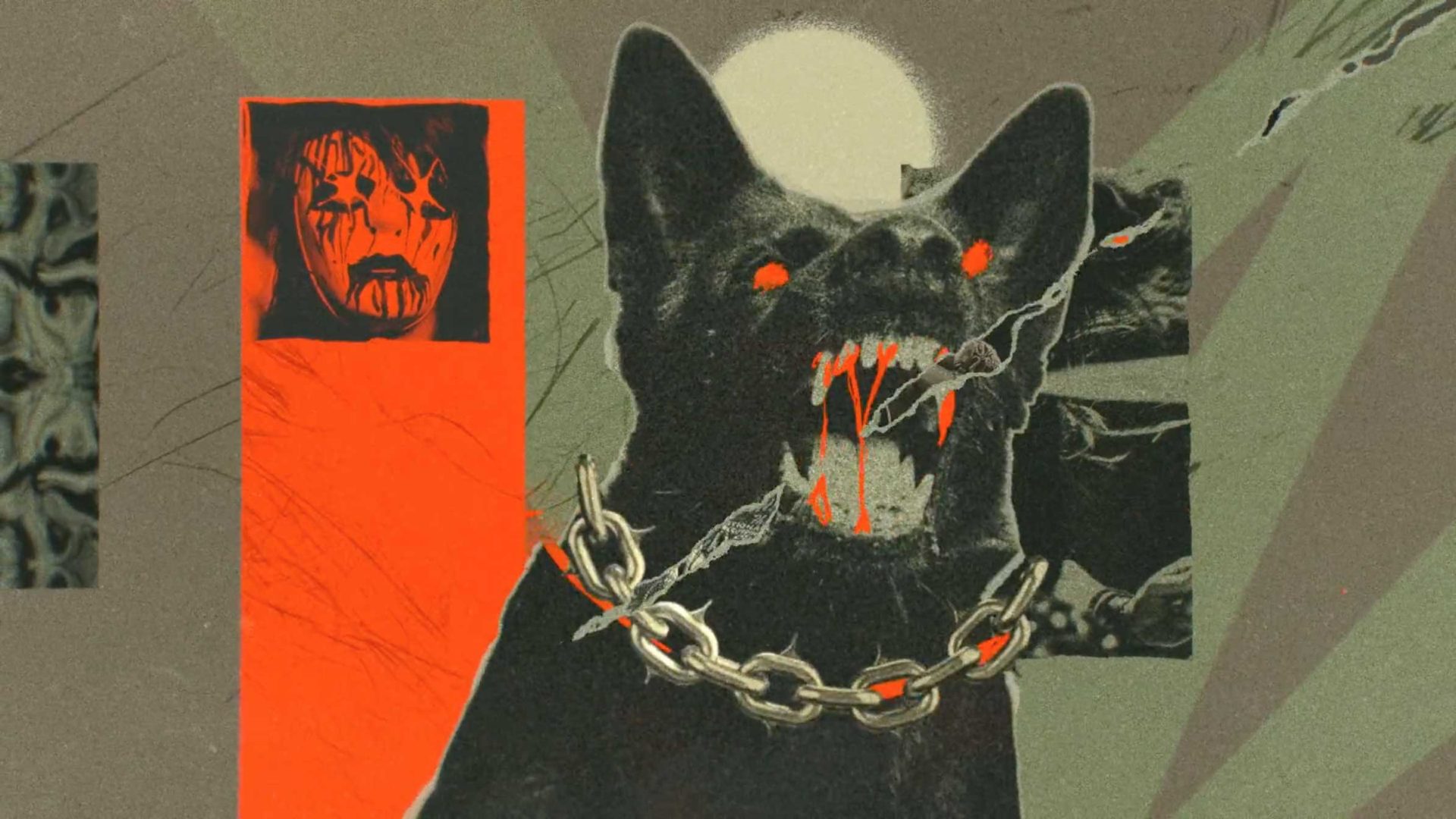 A snarling black dog with glowing red eyes and mouth, wearing a heavy chain collar, stands in front of a bright red panel showing a face with black and red makeup. The background is abstract and dark, creating a sinister mood reminiscent of Death Metal album art. Frame from Stash Magazine article.
