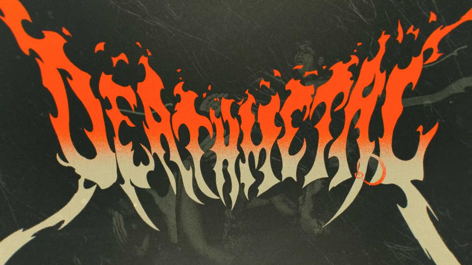 The word Deathmetal is written in a distorted, fiery font with orange and cream colors on a dark background, evoking the intense energy of classic Death Metal. The dramatic design could easily fit as artwork for a Playdate game or even adorn the cover of an album featuring a Giant Ant mascot. Frame from Stash Magazine article.