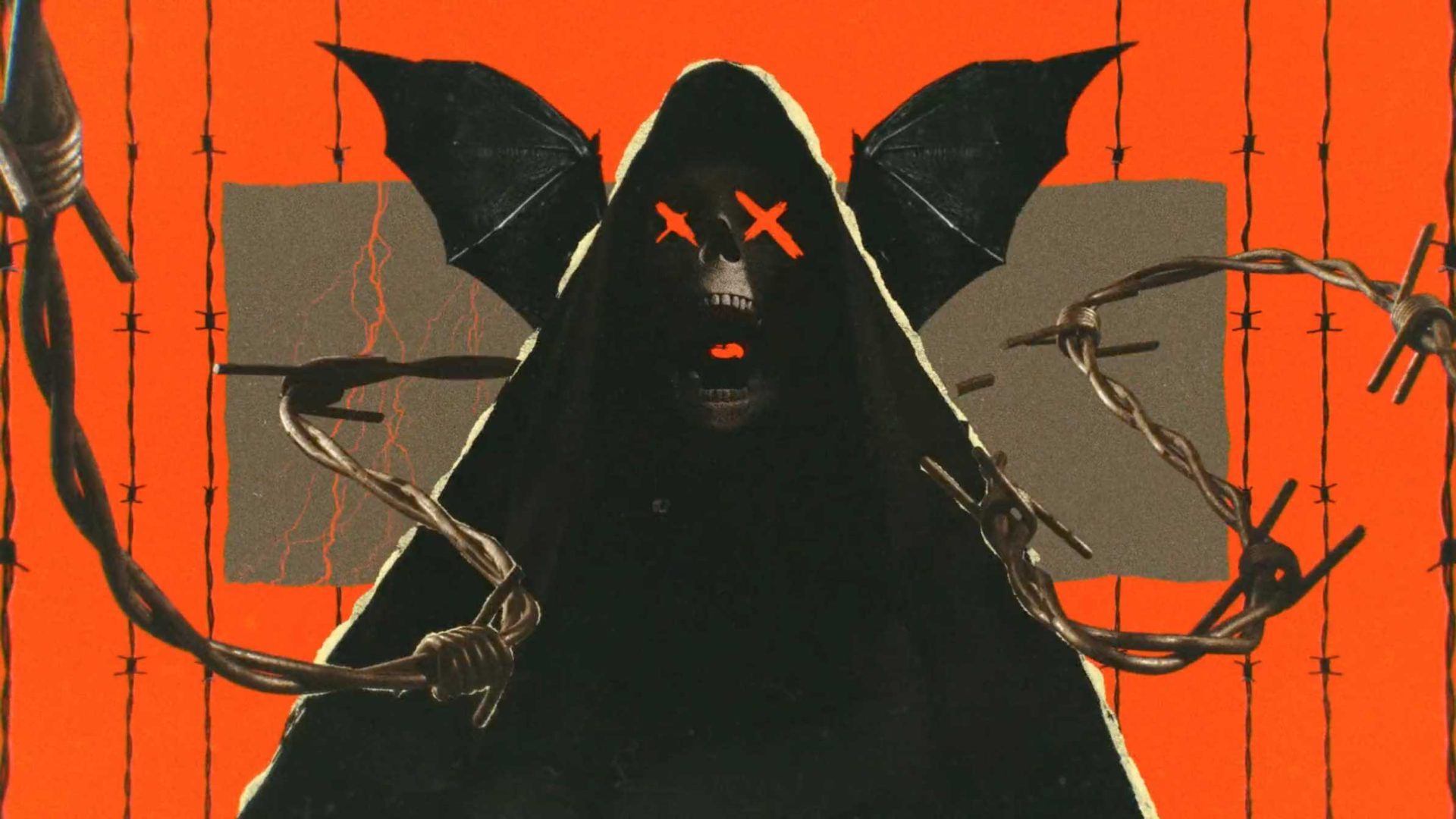 A hooded, grim reaper-like figure with glowing X-shaped eyes and bat wings stands amid barbed wire, set against an orange background with abstract shapes—evoking the intense energy of a Death Metal album cover. Frame from Stash Magazine article.