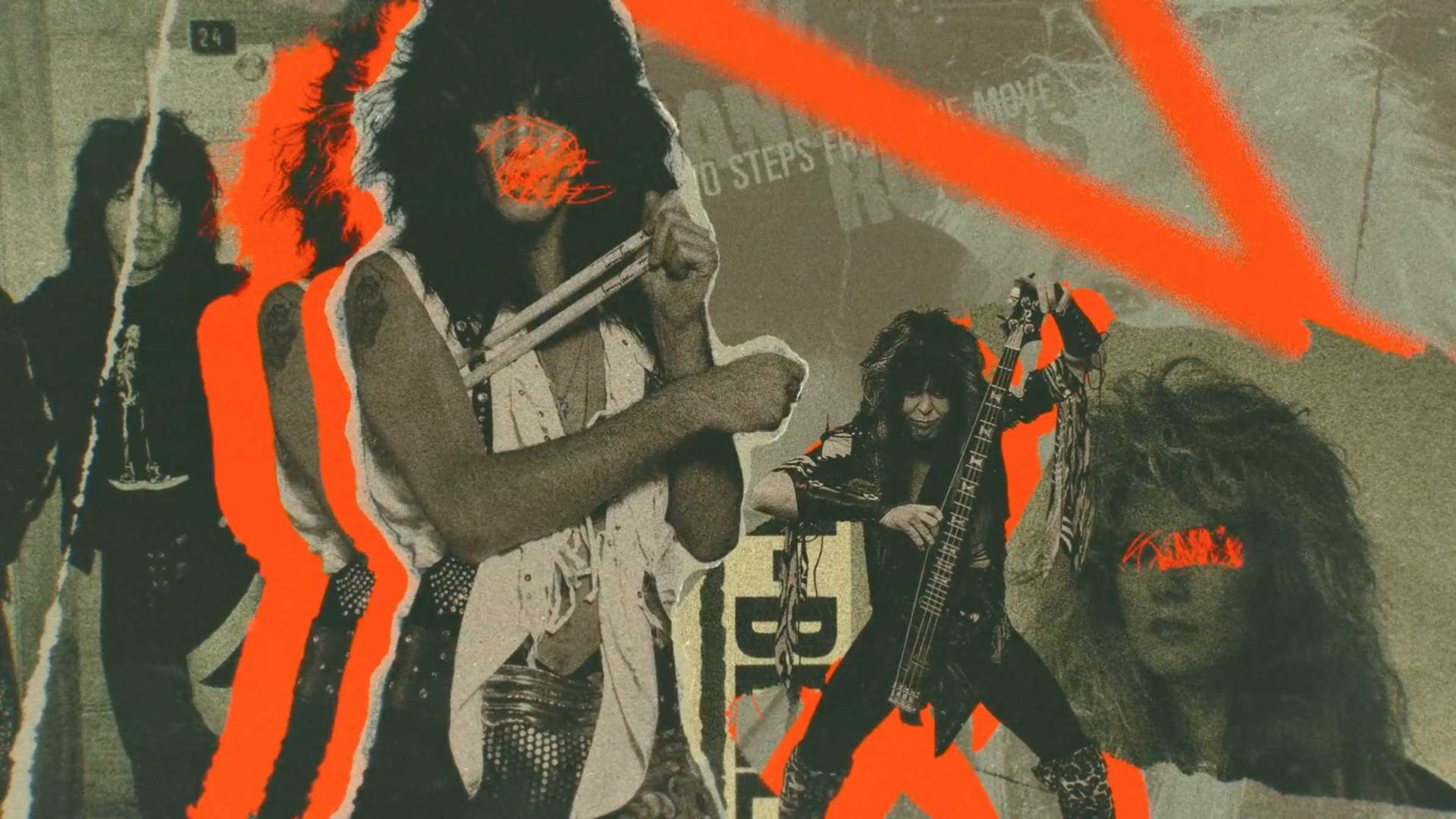 Collage of 1980s rock musicians with guitars and drums, overlaid with bold orange lines and scribbles obscuring their faces, evoking the chaotic, energetic atmosphere of a Giant Ant & Playdate Embrace the Darkness in Death Metal short film. Frame from Stash Magazine article.
