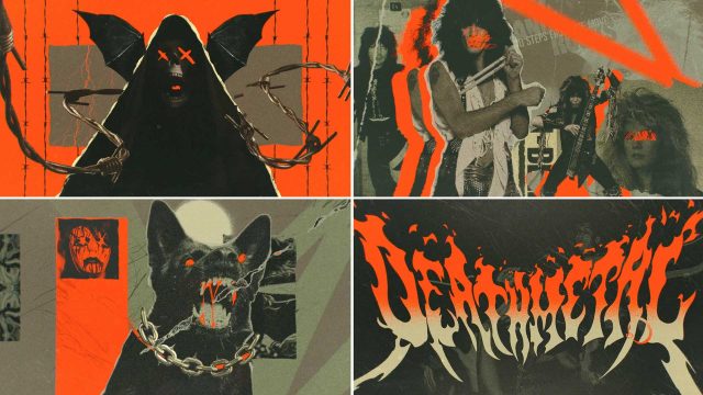 Four vivid panels: a hooded figure with red eyes and horns, musicians performing Death Metal with eyes glowing, a snarling dog with chains, and the word DEATHMETAL in fiery letters. The palette is red, black, and beige. Frame from Stash Magazine article.