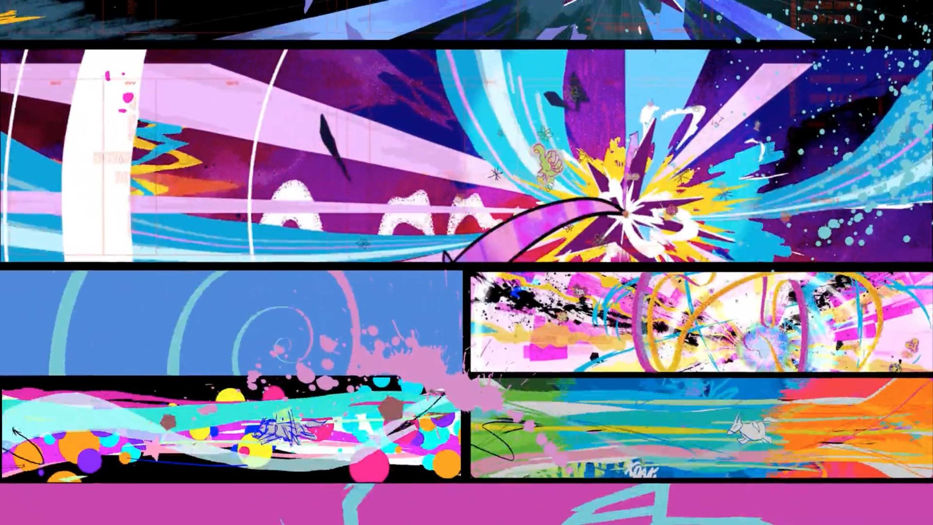 A vibrant, abstract digital artwork divided into rectangular panels, featuring bold splashes, swirls, and lines in bright colors—echoing the dynamic energy of Times Square in a striking, contemporary composition. Frame from Stash Magazine article.