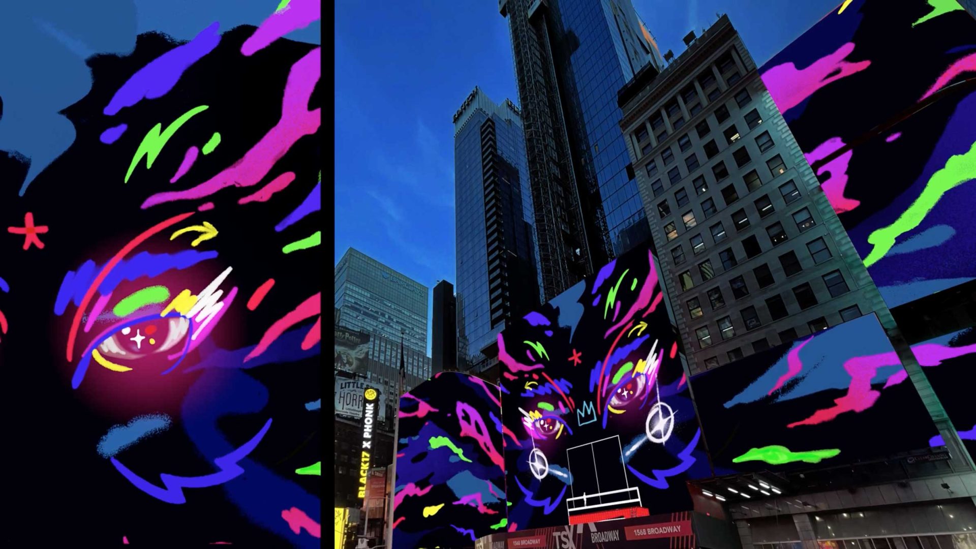 Bright, colorful abstract eyes and neon shapes light up large digital billboards as Golden Wolf takes over Times Square for Epic Games Fortnite, creating a vibrant, futuristic atmosphere against tall city buildings at dusk. Frame from Stash Magazine article.