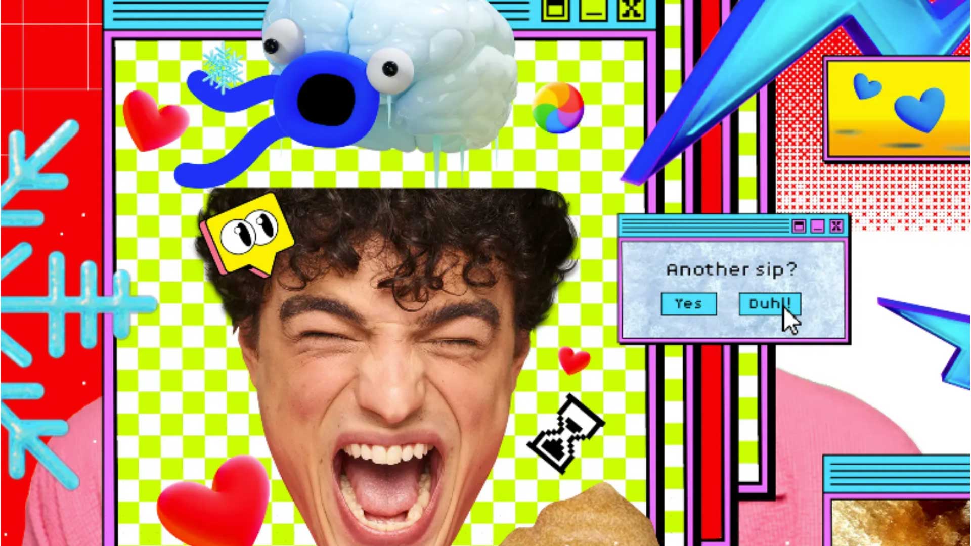 A digital collage by Golden Wolf and Take Your Medicine Join Psyop Media Group shows a person screaming, a cartoon brain with eyes, hearts, a cursor, a blue arrow, and a computer popup saying “Another sip? Yes Duh,” on a green checkerboard background. Frame from Stash Magazine article.