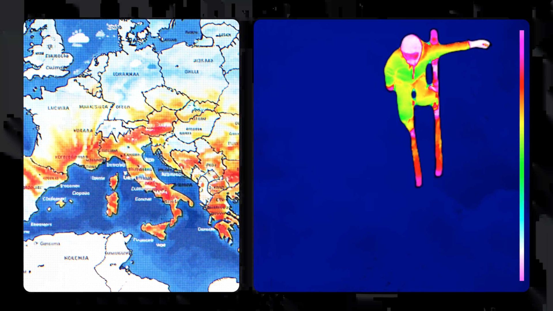 A split image shows a map of Europe with color bands on the left and a thermal image of a Team USA skier mid-jump on the right, outlined in bright colors against a dark blue background. Frame from Stash Magazine article.