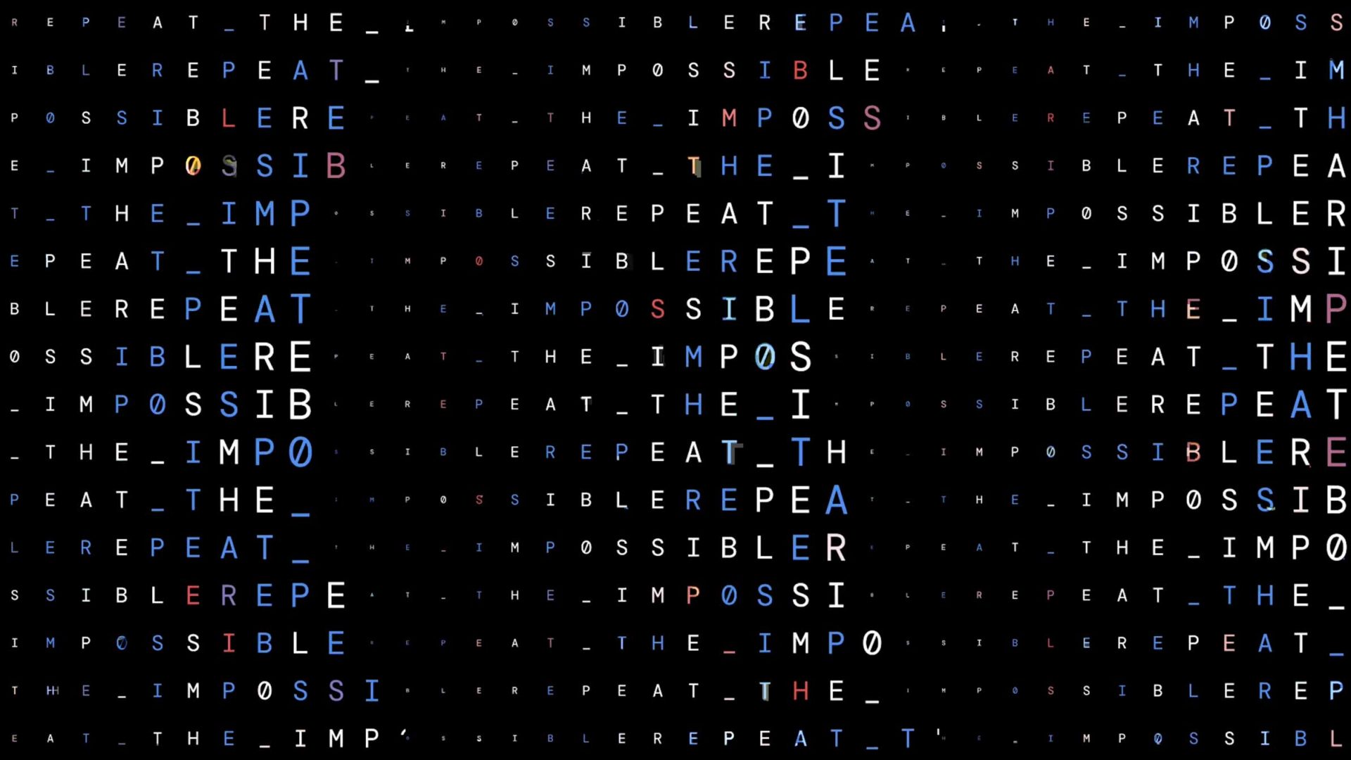 Text forming the letter I reads REPEAT THE IMPOSSIBLE in blue and white on a black background, with the phrase repeated in smaller, lighter font surrounding the central large letter—an energizing design reminiscent of a Motion Reel celebrating Team USA’s relentless spirit. Frame from Stash Magazine article.