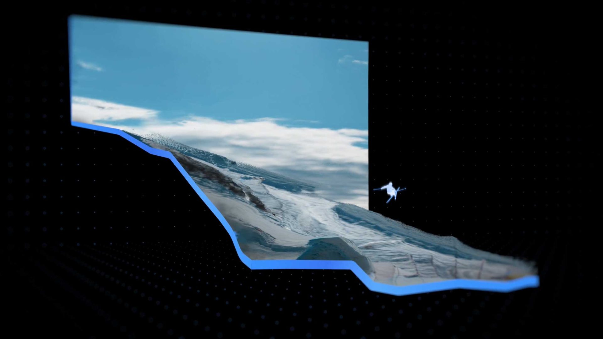 A stylized 3D graph with a jagged blue line overlays an aerial view of snowy mountains and sky, while a small drone flies nearby. With its futuristic, digital appearance, this image evokes the cutting-edge technology and dynamic spirit seen in Motion Reel projects for Team USA. Frame from Stash Magazine article.