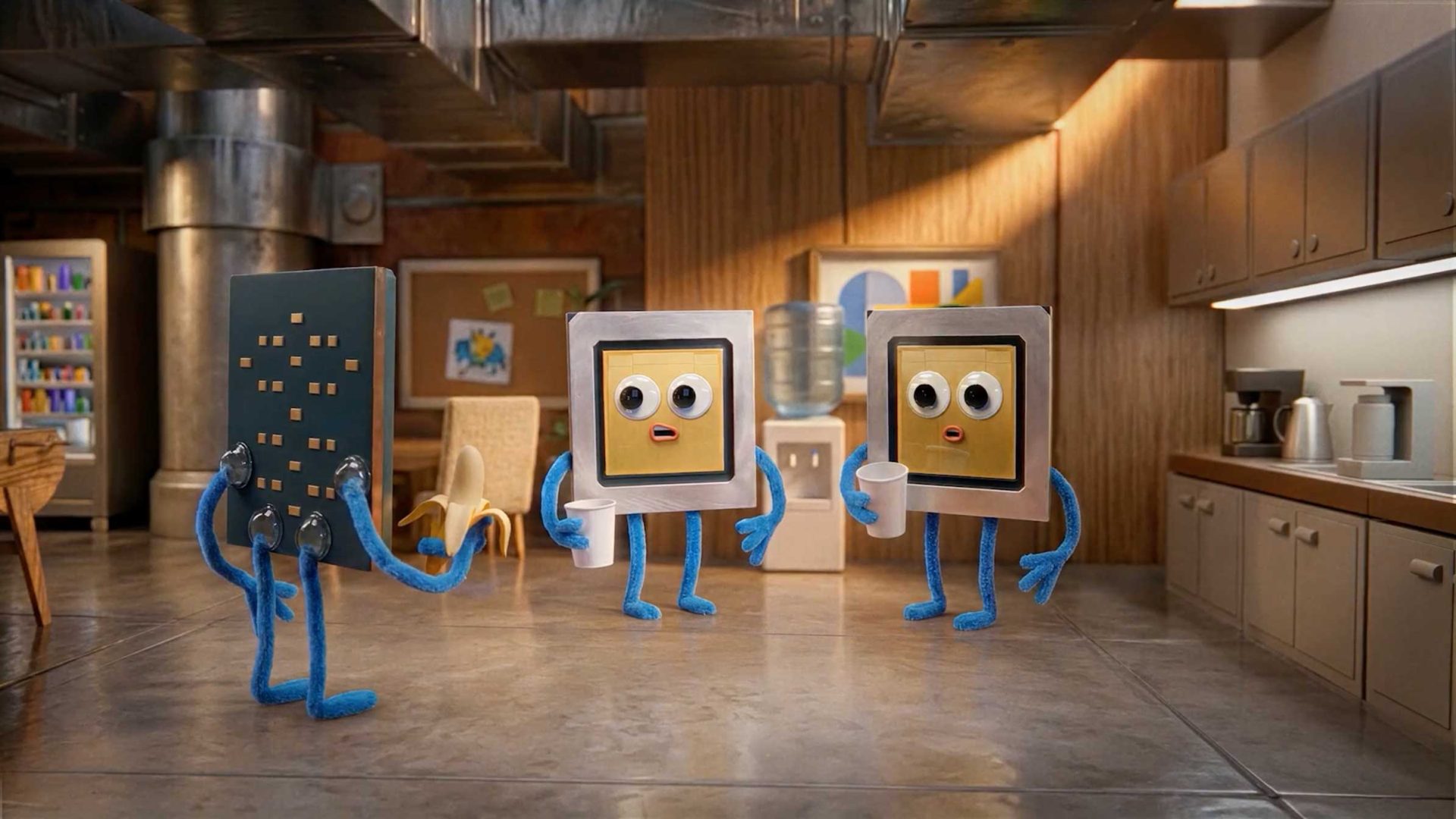 Three anthropomorphic Nexus Chips with eyes and blue pipe cleaner arms and legs are standing in an office kitchen, holding cups and chatting. The scene’s playful style is reminiscent of Laurie Rowan at a Google I/O event, set among modern furniture and wood paneling. Frame from Stash Magazine article.