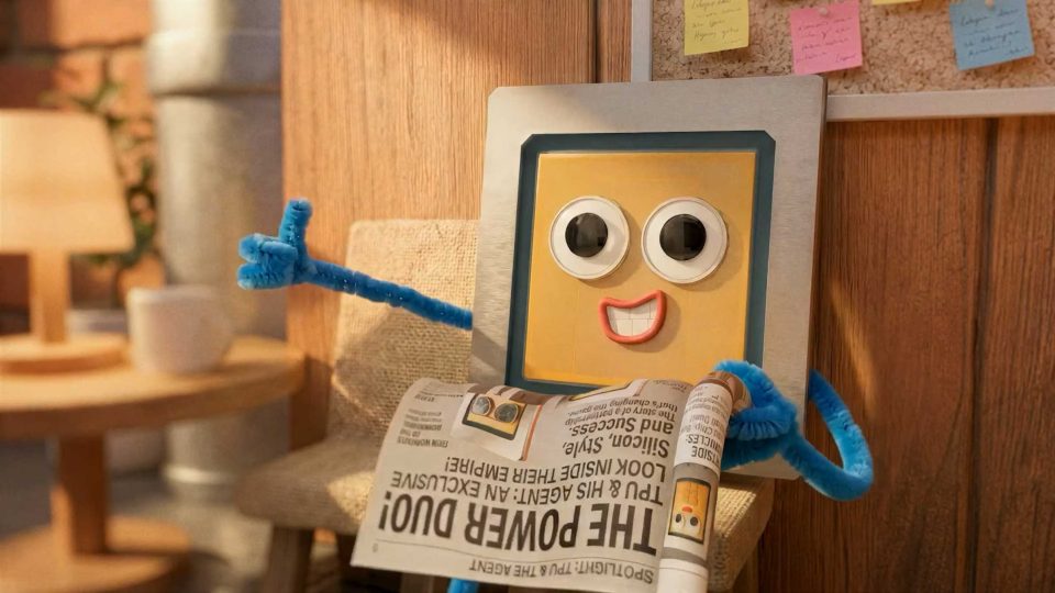 A cheerful, animated square character with googly eyes and blue pipe cleaner arms sits on a chair, holding a newspaper and giving a thumbs-up—ready to tune into the Google I/O Keynote Film 2026 by Laurie Rowan & Nexus in the cozy, note-filled room. Frame from Stash Magazine article.