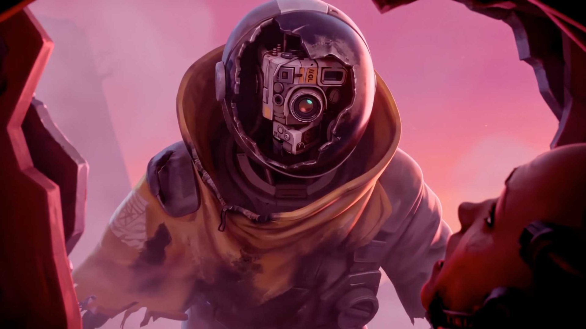 A figure in a damaged helmet and yellow spacesuit peers through a jagged opening, facing a person in the foreground. The background is pink and hazy, creating a tense, futuristic atmosphere. Frame from Stash Magazine article.
