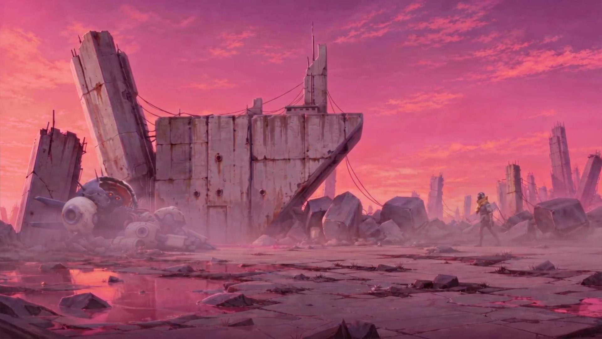 A person walks through a desolate, futuristic wasteland with large broken concrete structures and scattered debris under a vivid pink and orange sunset sky. Frame from Stash Magazine article.