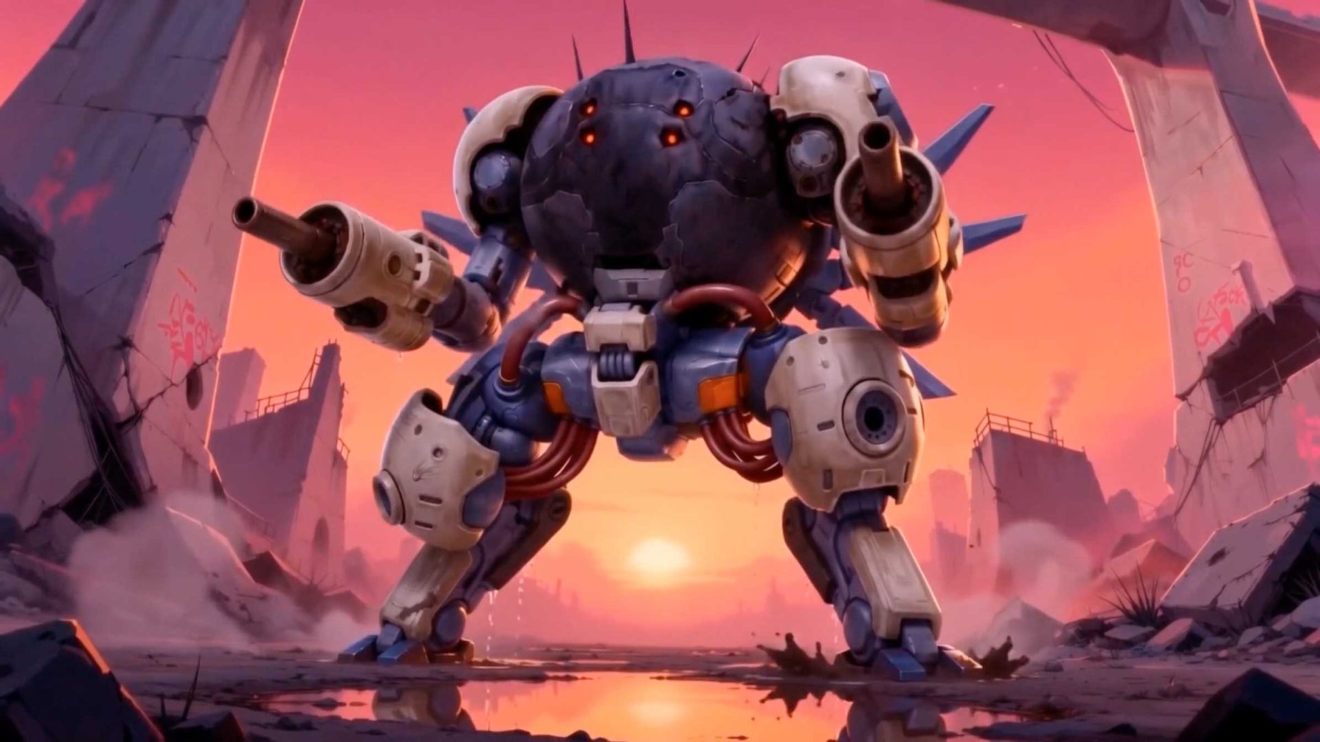 A bulky, armored robot with cannons for arms stands in a ruined, post-apocalyptic landscape at sunset, facing forward with a powerful, imposing stance. Frame from Stash Magazine article.