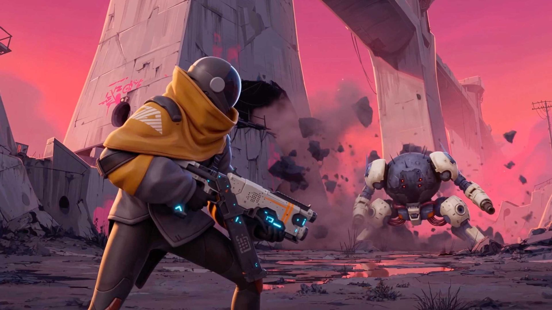 A futuristic soldier with a gun faces a charging robot in a ruined, sci-fi landscape at sunset. The ground is cracked and debris flies from an explosion behind the robot. Frame from Stash Magazine article.